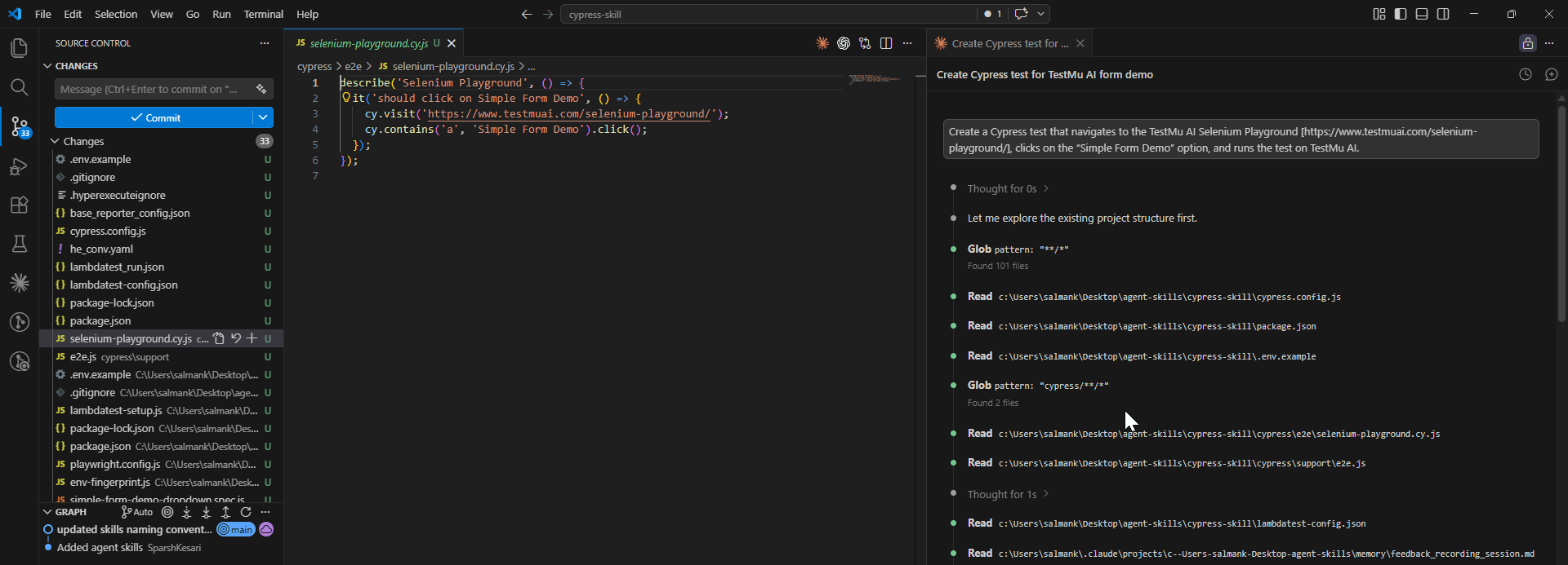 Claude Code generating Cypress spec files and custom commands using the Cypress Skill