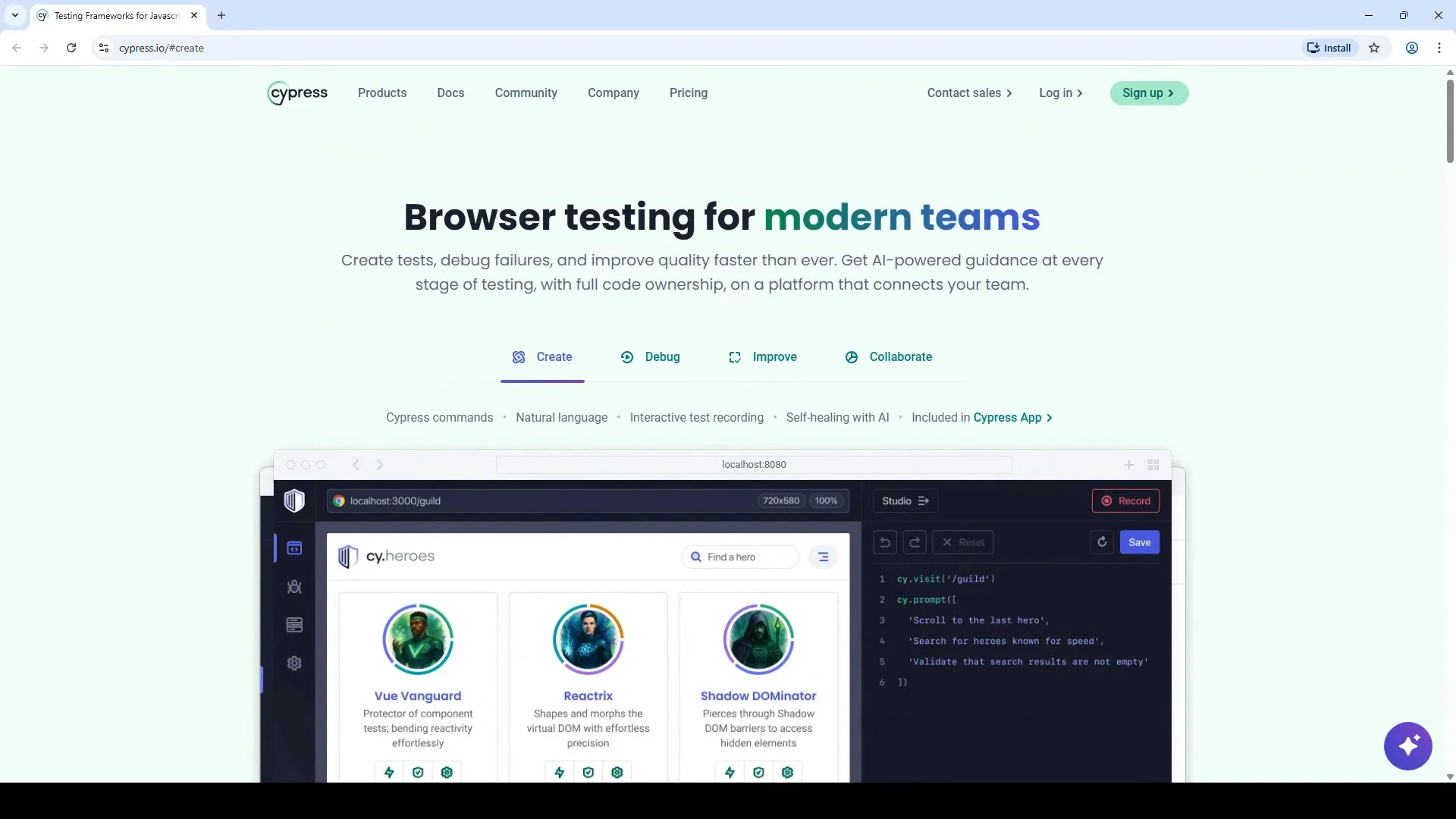 Cypress JavaScript end-to-end testing tool interface