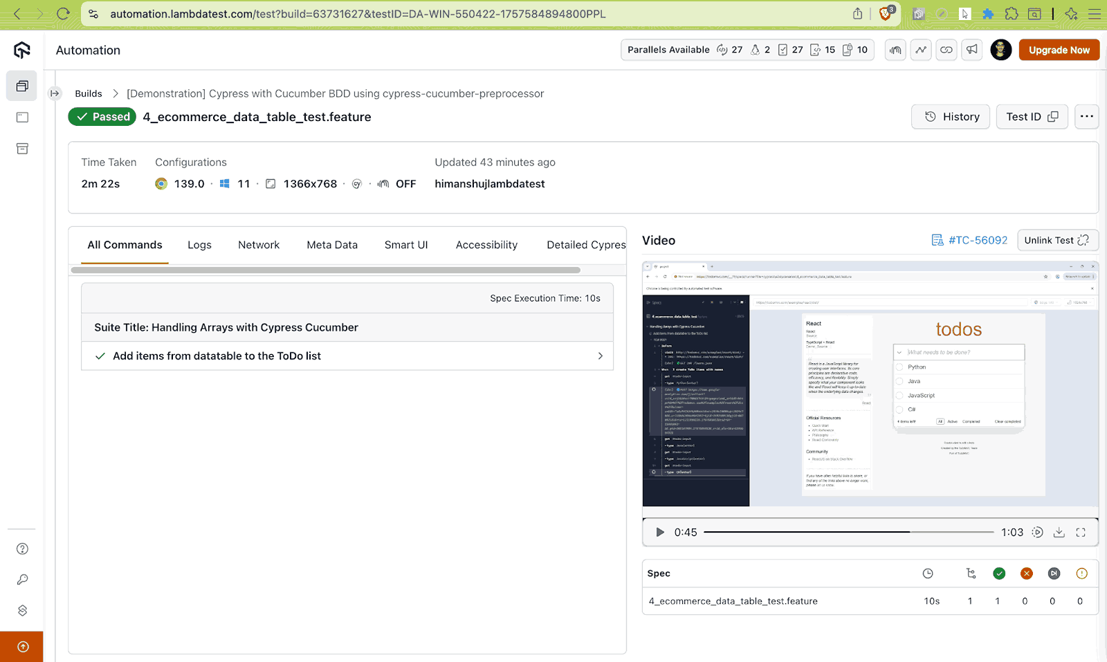 TestMu AI datatable result TestMu AI datatable result