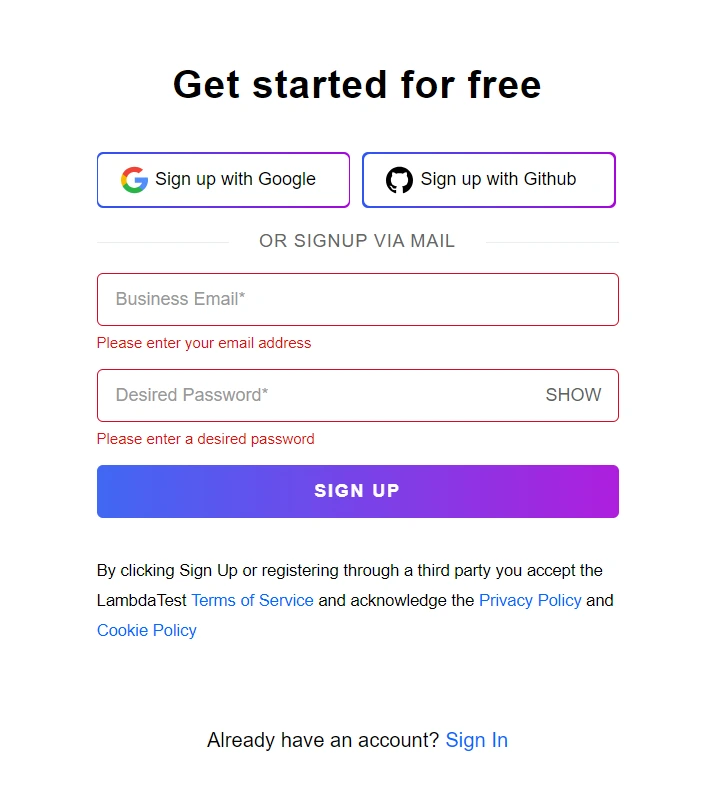 TestMu AI login page for test scenario example