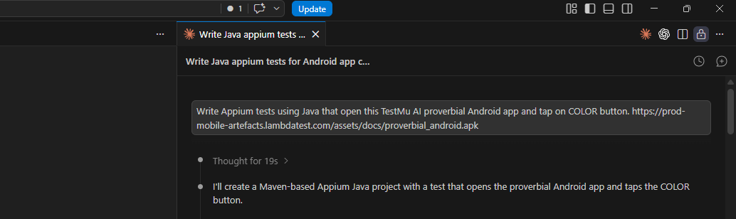 Claude Code agent chat with Appium test prompt using Appium Skill