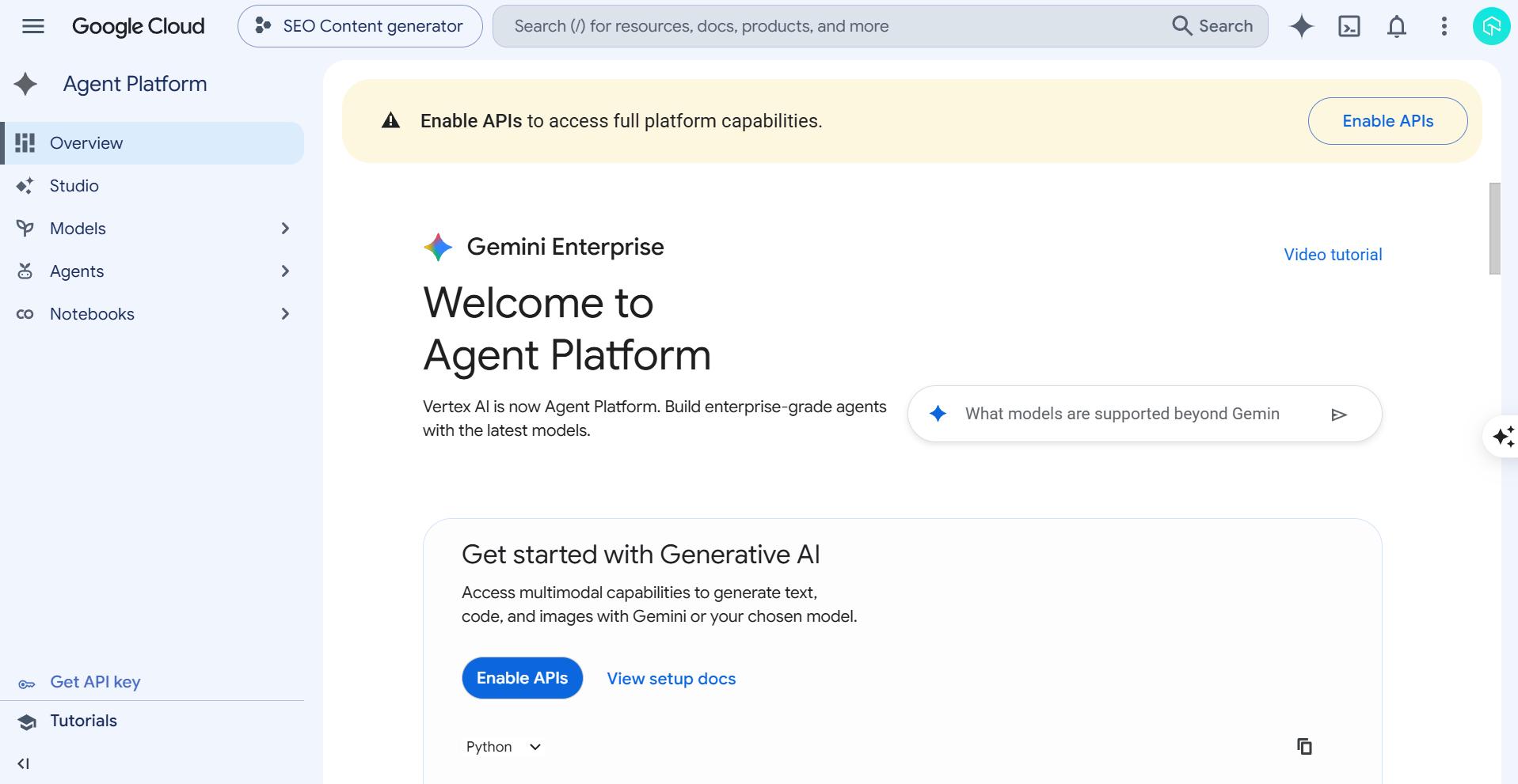 Gemini Enterprise Agent Platform - Best for Production Agents on Google Cloud Gemini Enterprise Agent Platform console showing an ADK agent project on Google Cloud