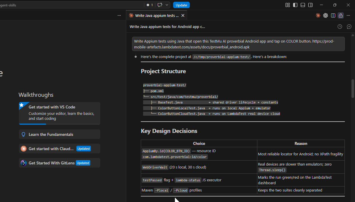 Claude Code agent generating Appium Maven project structure with test files using the Appium Skill