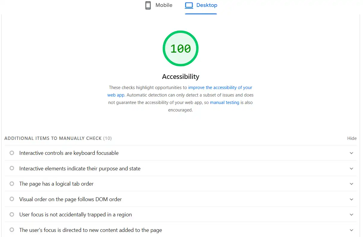 Google Lighthouse accessibility audit report showing scores and recommendations