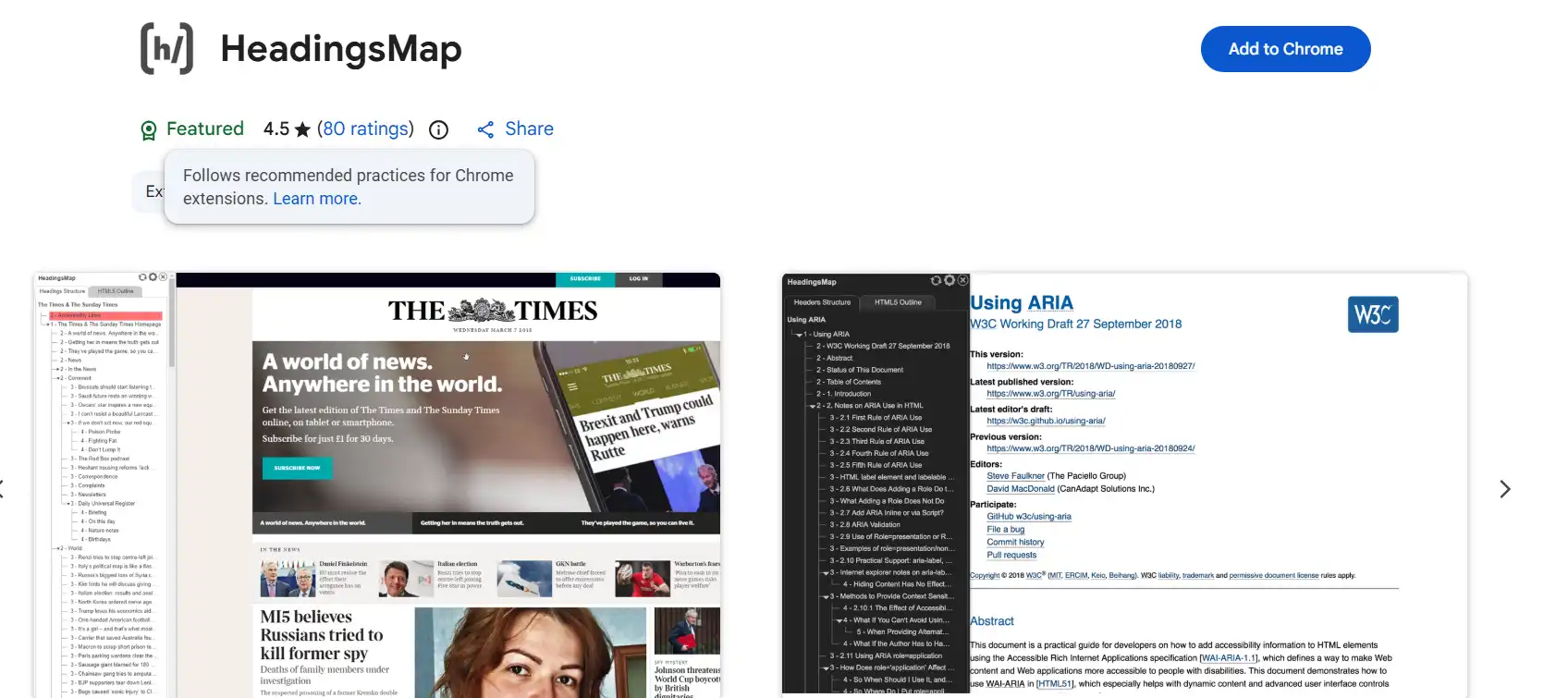HeadingsMap extension showing document heading hierarchy and structure analysis