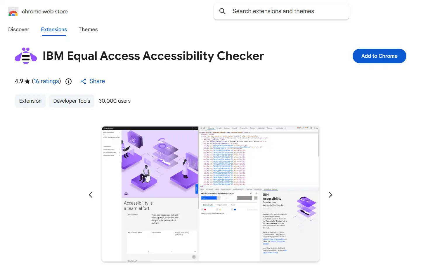 IBM Equal Access Accessibility Checker integrated in browser developer tools panel