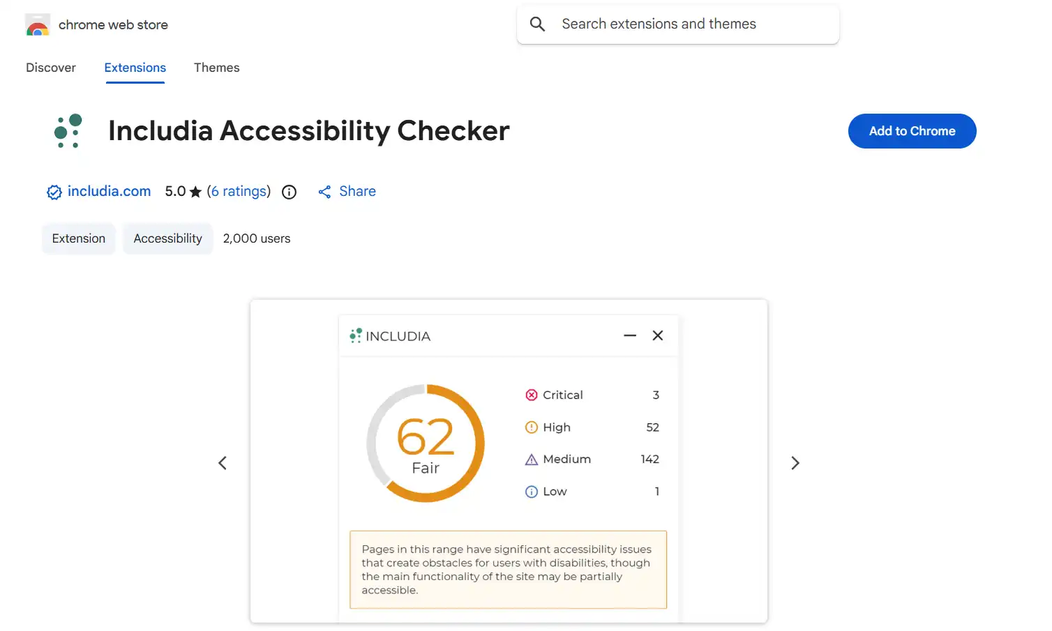Includia Accessibility Checker showing severity-categorized accessibility issues with code references