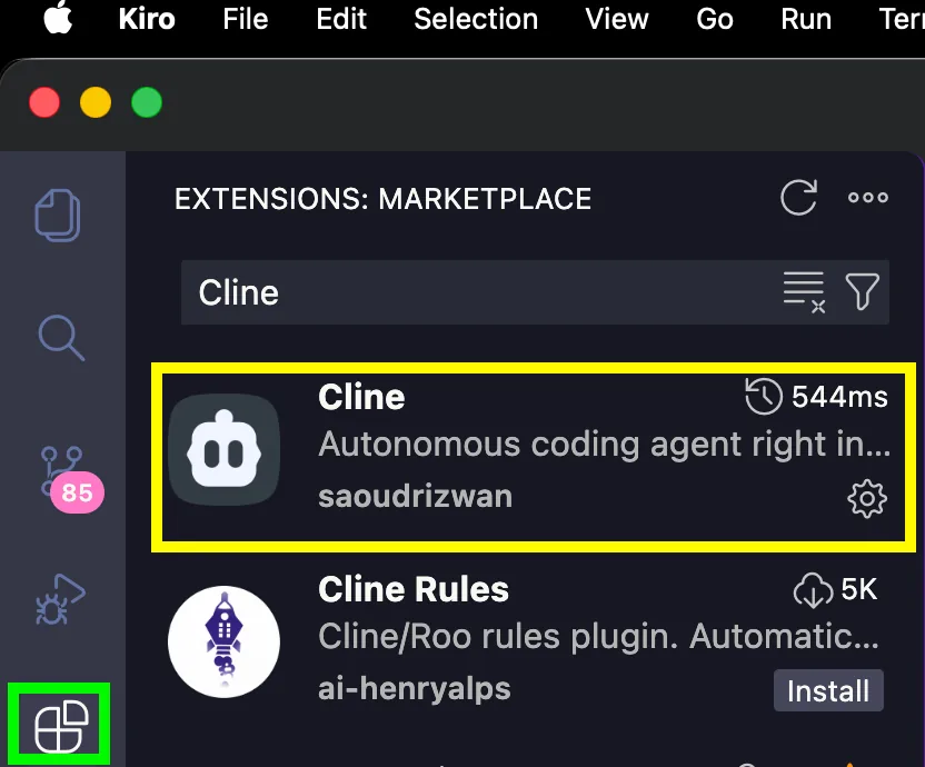 Install Cline extension in Kiro