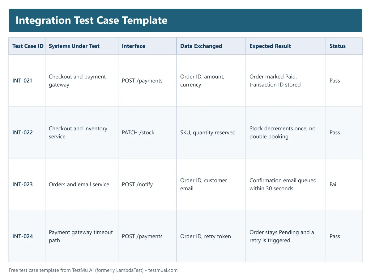 Integration test case template for service to service handoffs Integration test case template showing systems under test, interface, data exchanged and expected result columns
