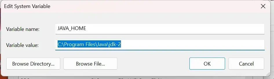 JAVA_HOME and the Variable value as the location of your /bin file JAVA_HOME and the Variable value as the location of your /bin file