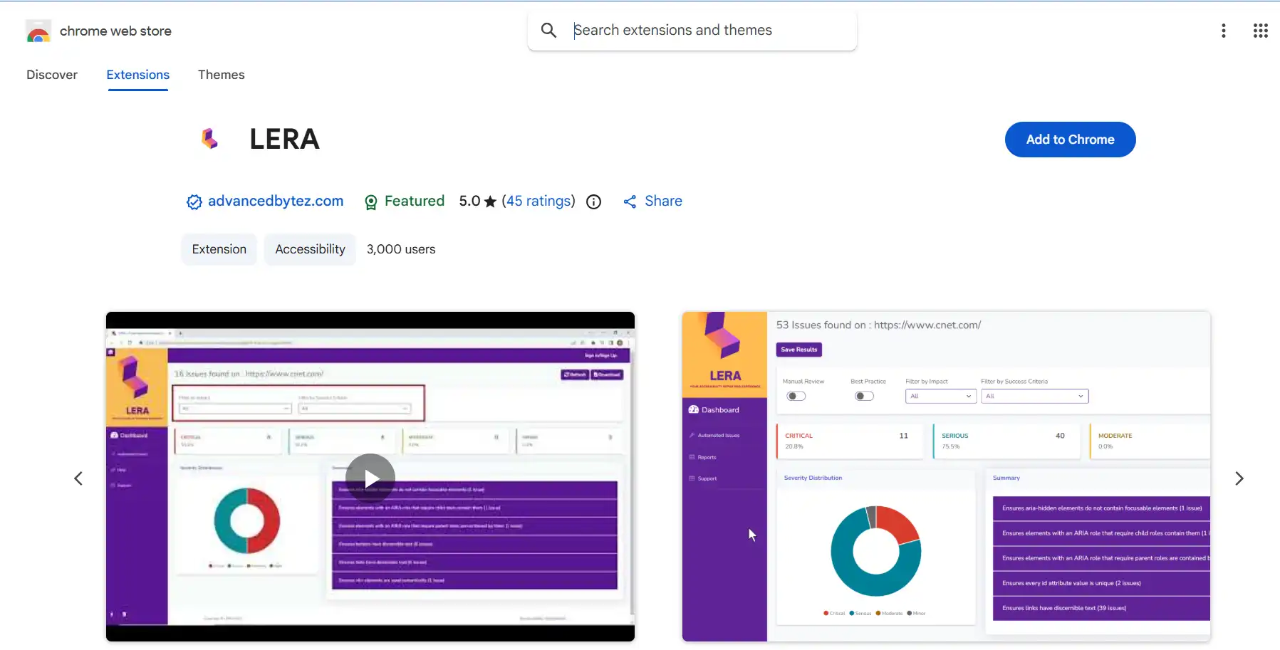 LERA accessibility extension report showing issues categorized by severity levels