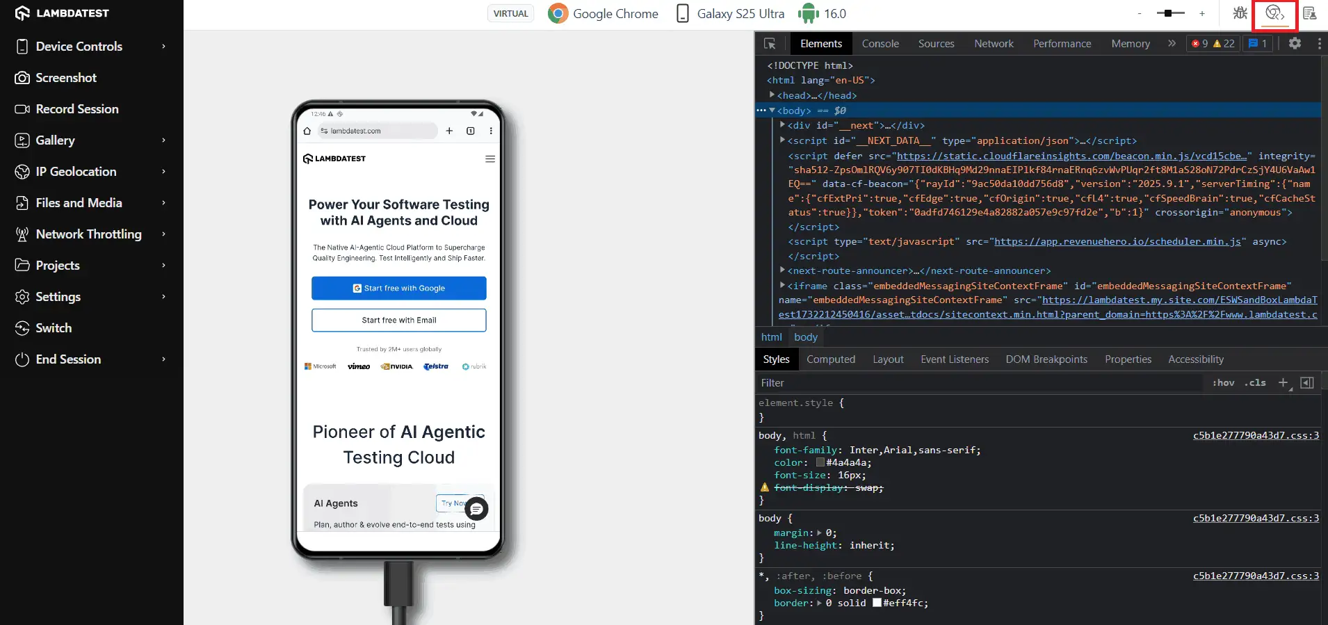 Debugging a virtual mobile browser session Virtual mobile browser session with DevTools open beside the device, showing the Elements and Styles panels