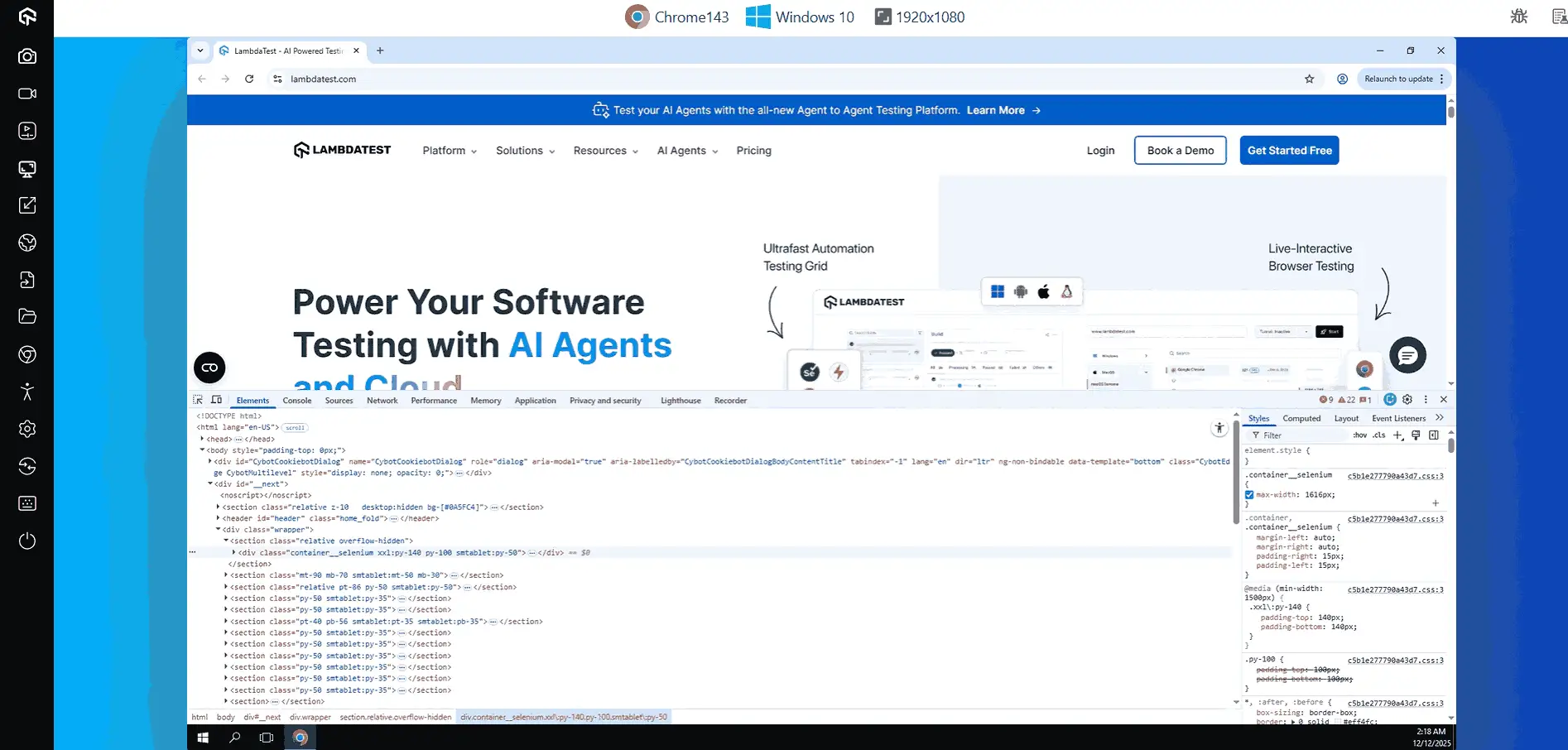 Debugging a live desktop session Chrome DevTools open inside a live TestMu AI desktop session