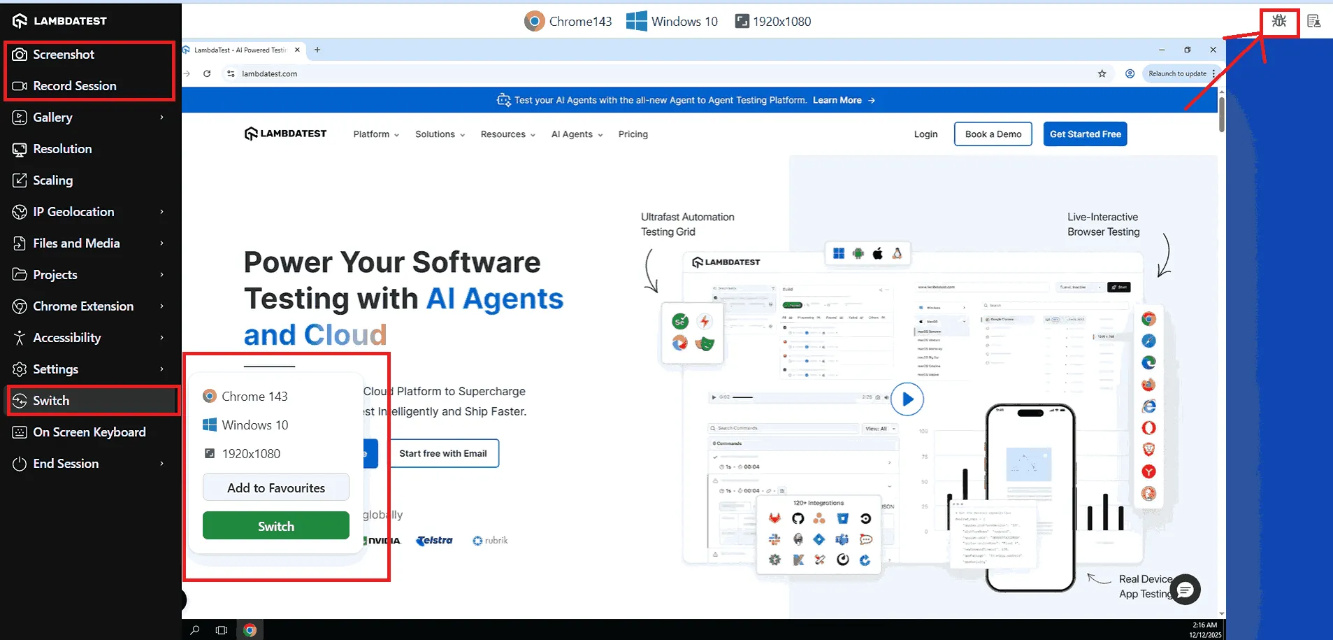 A live desktop browser session Live TestMu AI session in Chrome 143 on Windows 10 at 1920x1080 with the Switch panel open