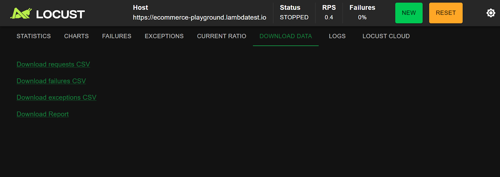 Locust DOWNLOAD DATA tab
