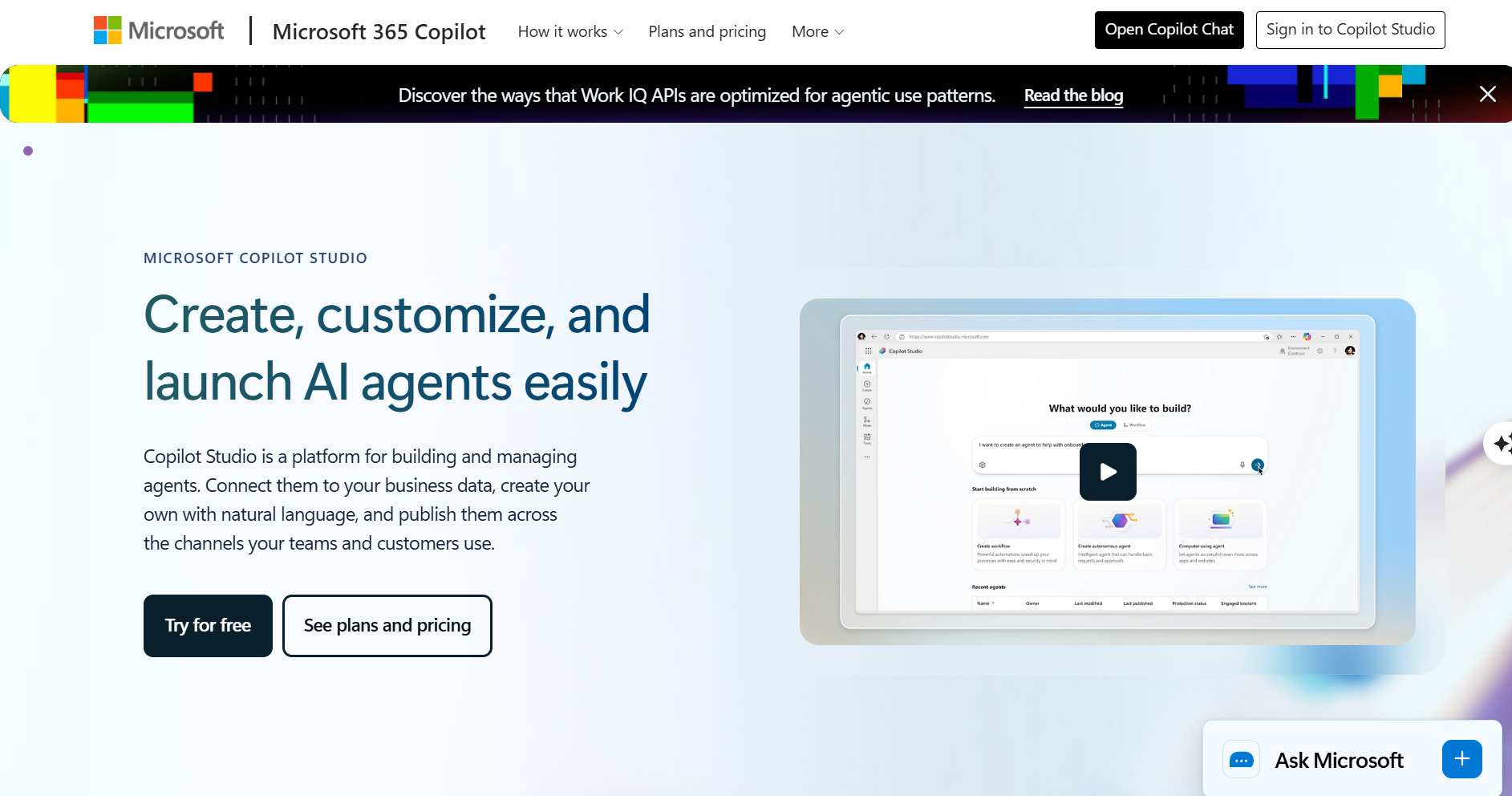 Microsoft Copilot Studio - Best AI Agent Builder for Microsoft 365 Microsoft Copilot Studio agent builder showing an autonomous agent with connectors and governance settings