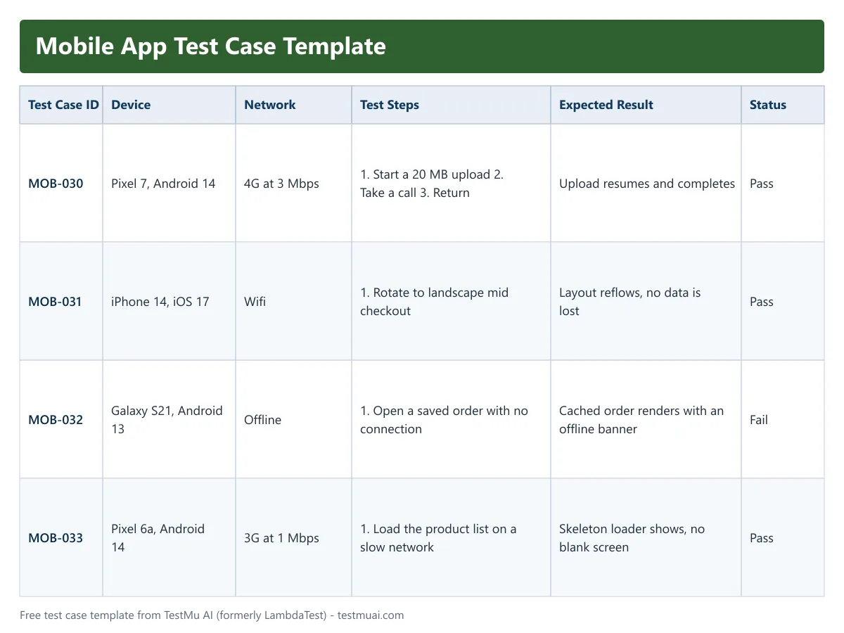 Mobile app test case template with device and network columns Mobile app test case template showing device, network condition, test steps and expected result columns