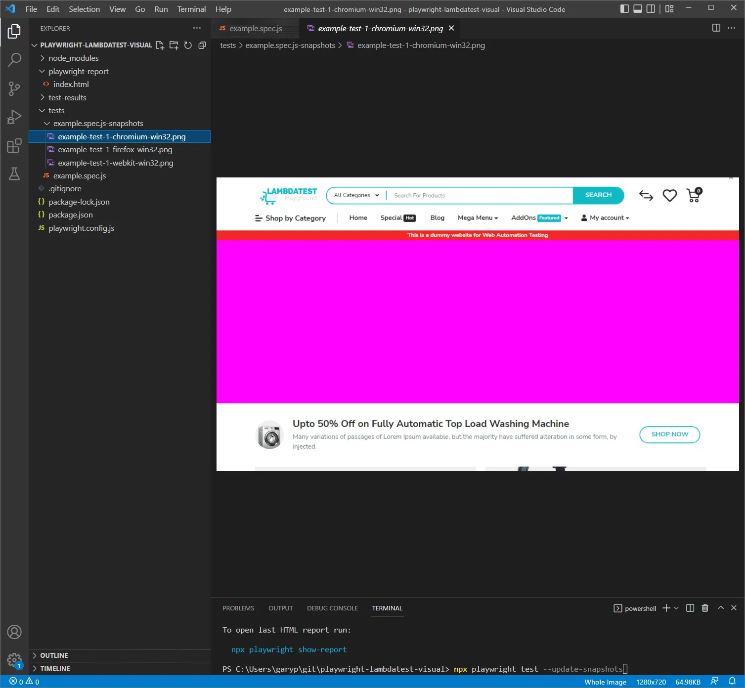 Playwright mask option applied to a dynamic carousel Baseline screenshot with the carousel covered by a solid pink mask