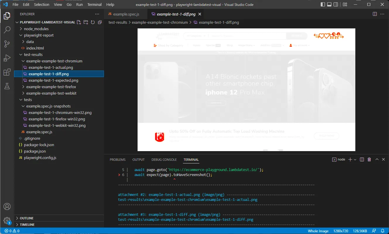 Playwright HTML report visual comparison view Playwright HTML report showing actual, expected and diff screenshots