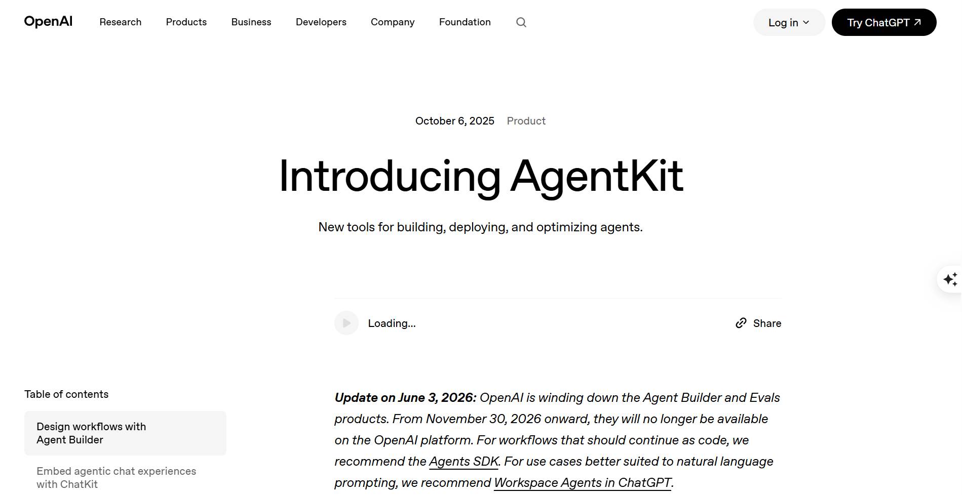 OpenAI AgentKit - Agent Builder Canvas and Agents SDK OpenAI Agent Builder visual canvas with workflow nodes, the product scheduled to shut down on November 30, 2026