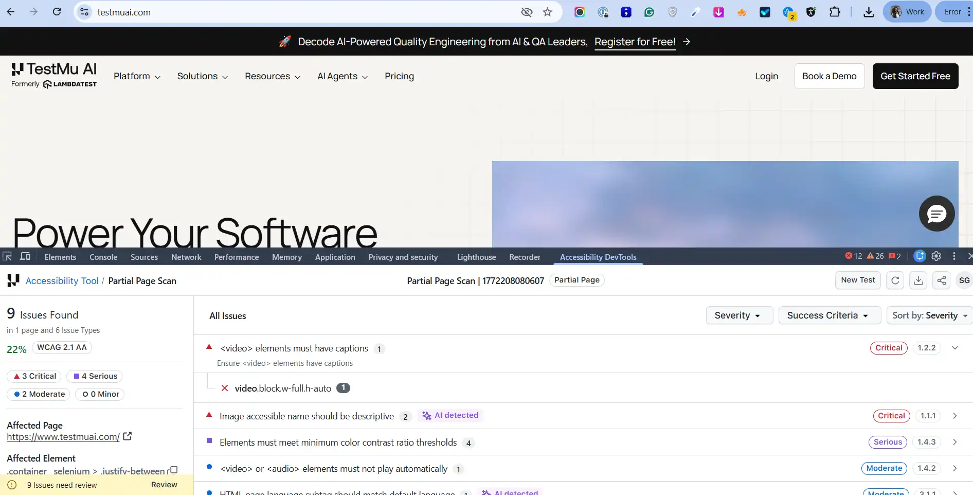 TestMu AI Accessibility DevTools partial page scan results showing 6 issues across 3 issue types at WCAG 2.1 AA level