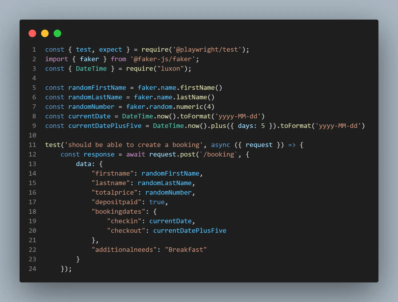 Playwright API Testing faker-js and luxon npm packages