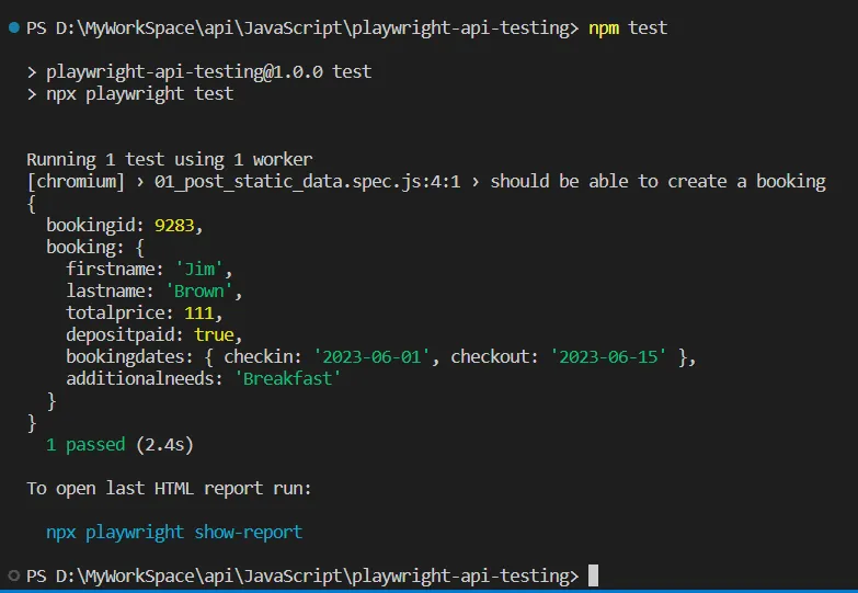 Playwright API Testing npx playwright test tests/01_post_static_data.spec.js