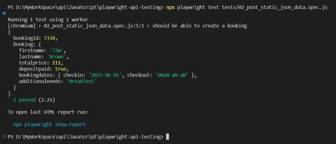 Playwright API Testing npx playwright test tests/02_post_static_json_data.spec.js