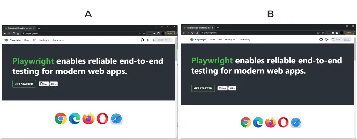 Playwright visual regression testing baseline A and current screenshot B Two Playwright homepage screenshots labeled A and B for visual comparison