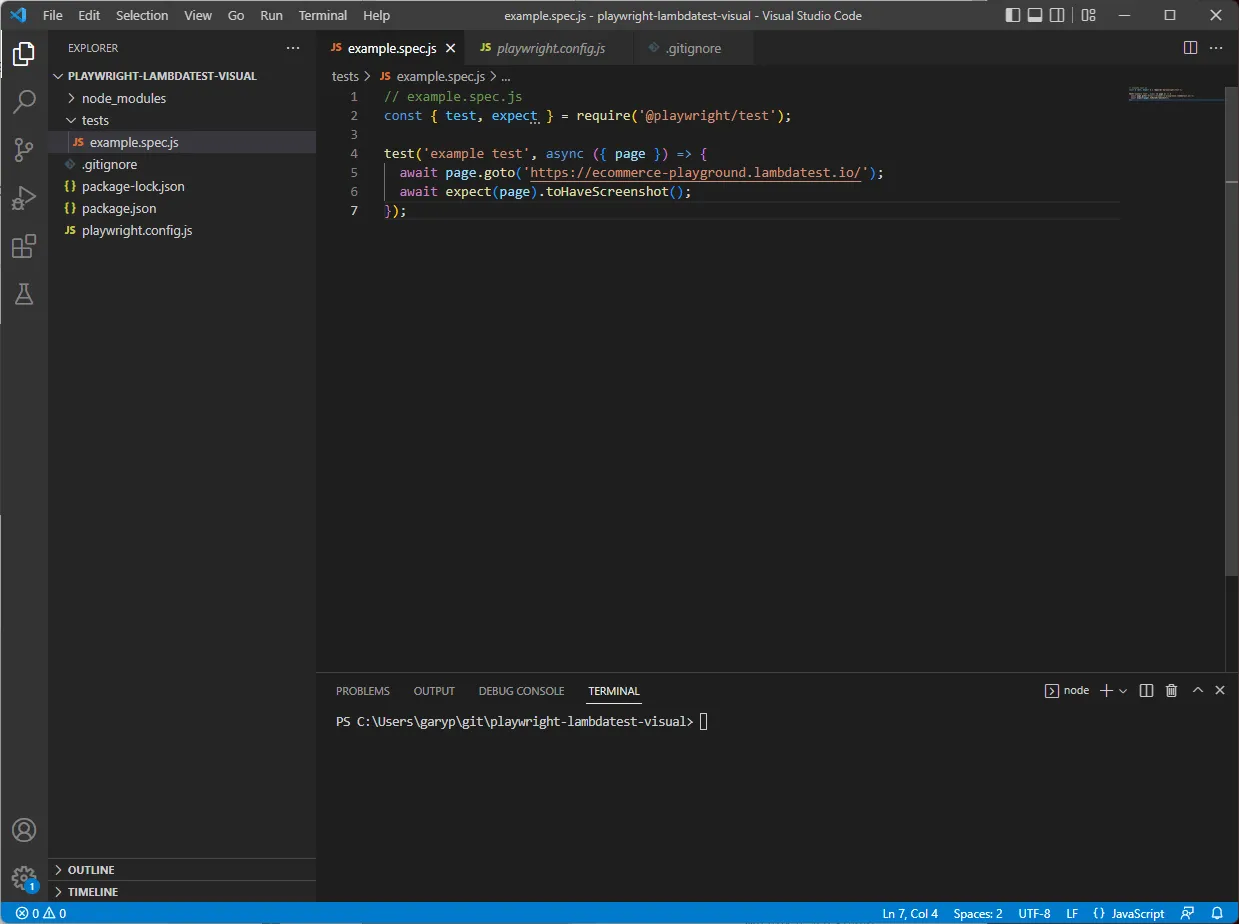 Playwright visual regression testing example.spec.js Playwright project folder structure showing example.spec.js