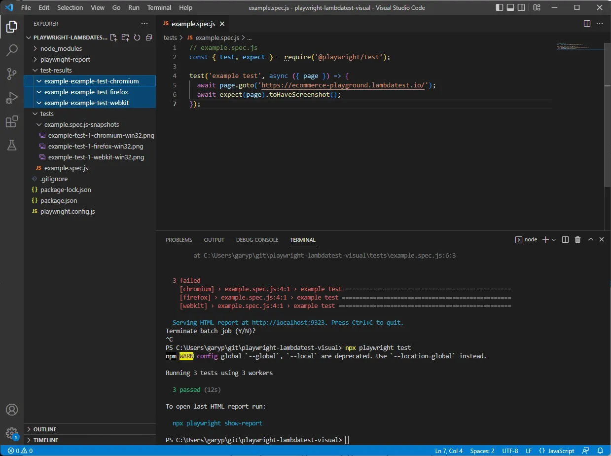 Playwright visual regression testing passing run Playwright test run passing with empty test-results folders