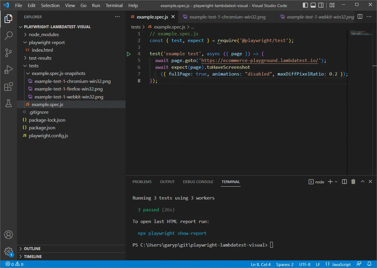 Playwright full page visual regression testing results Three passing full page Playwright visual regression tests