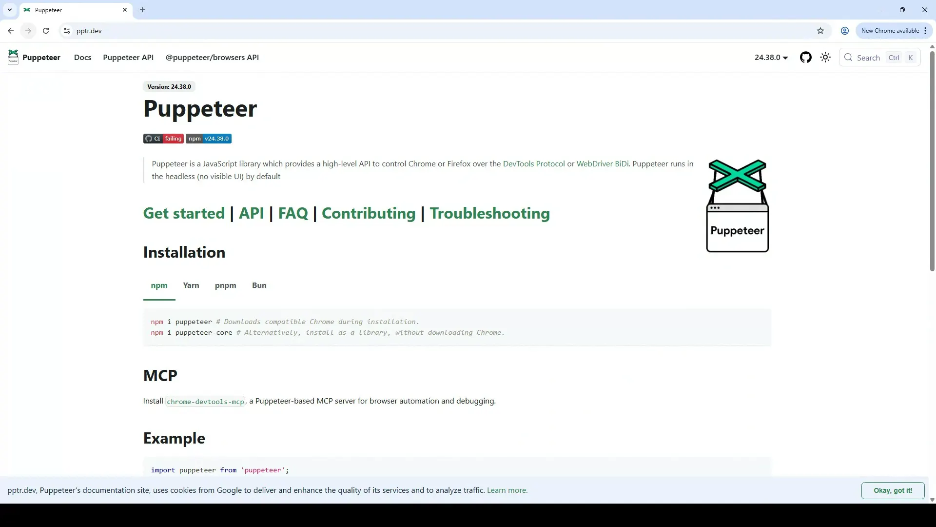 Puppeteer Node.js headless browser automation library homepage