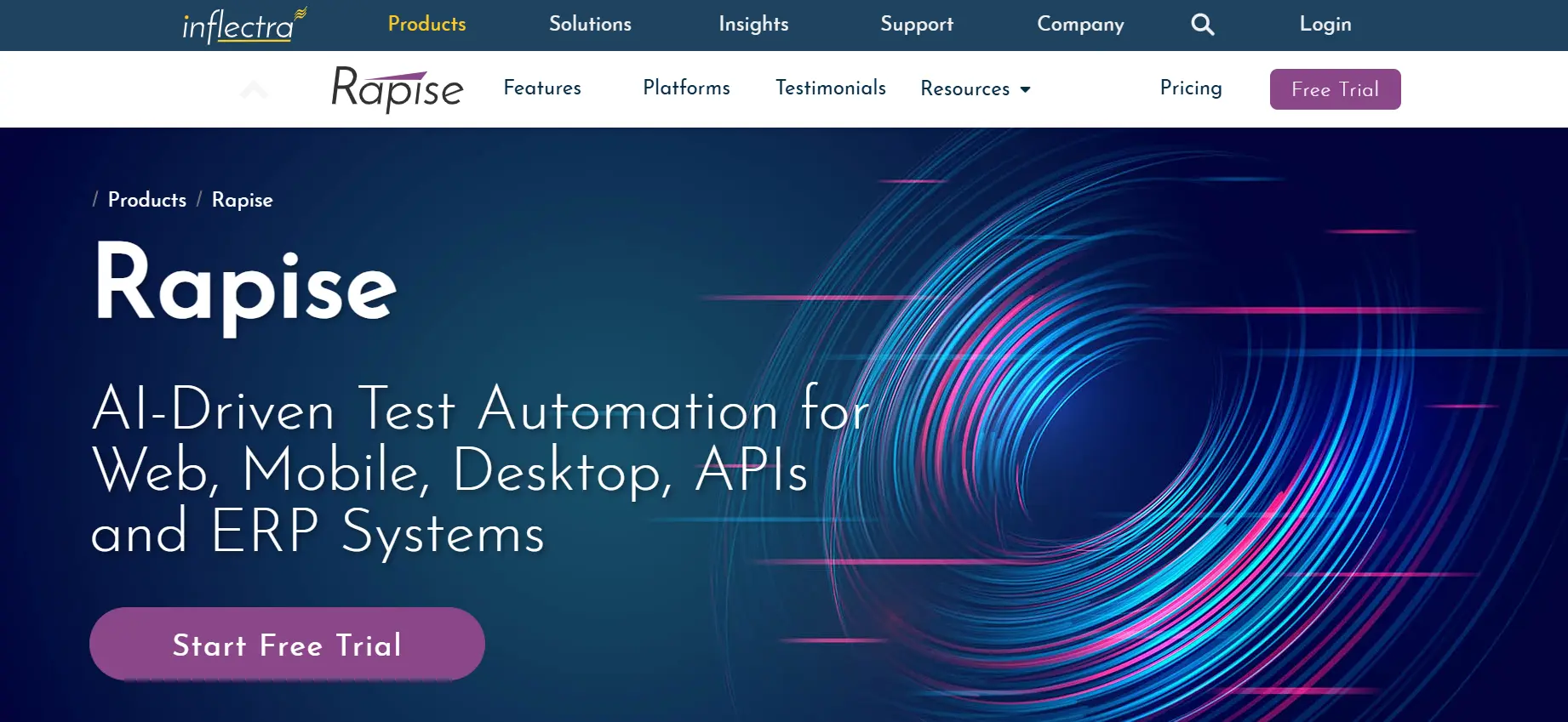 Rapise page showing natural-language test code generation and AI test data features