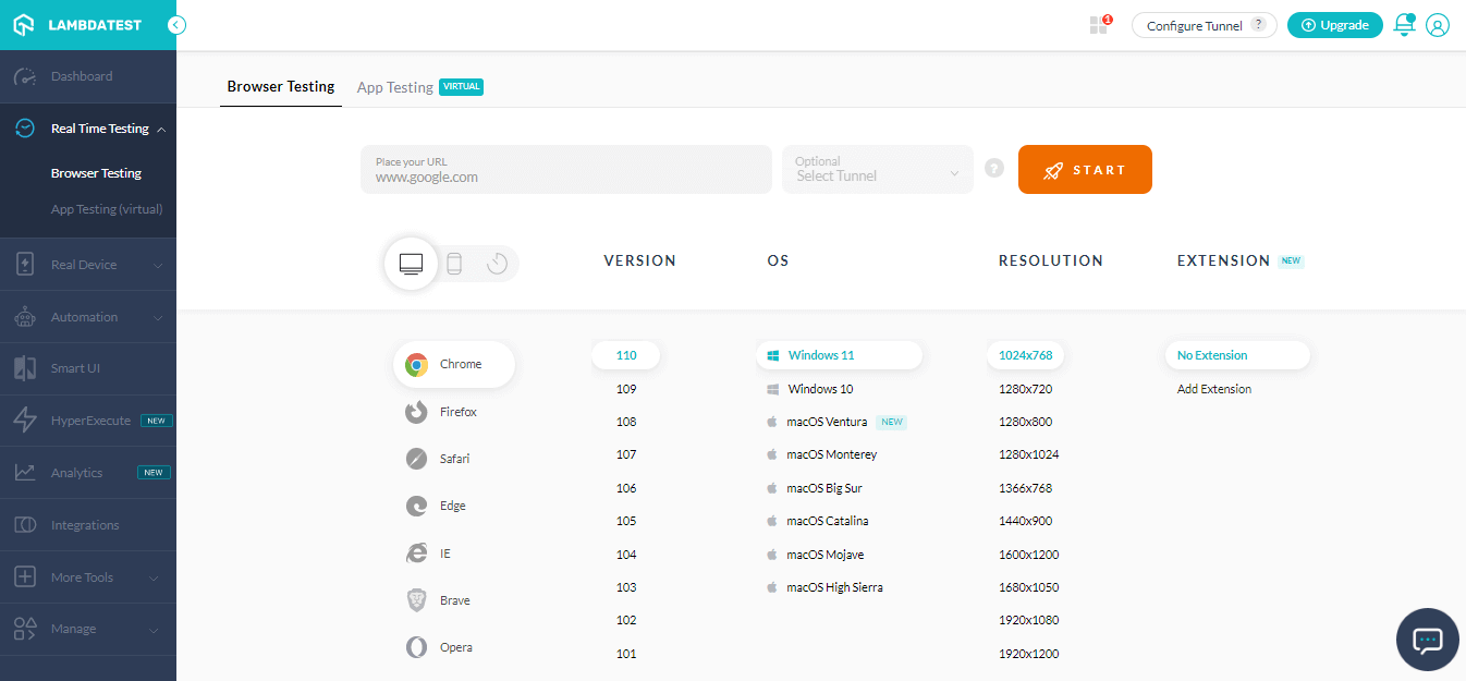 Real Time Browser Testing console Real Time Browser Testing console