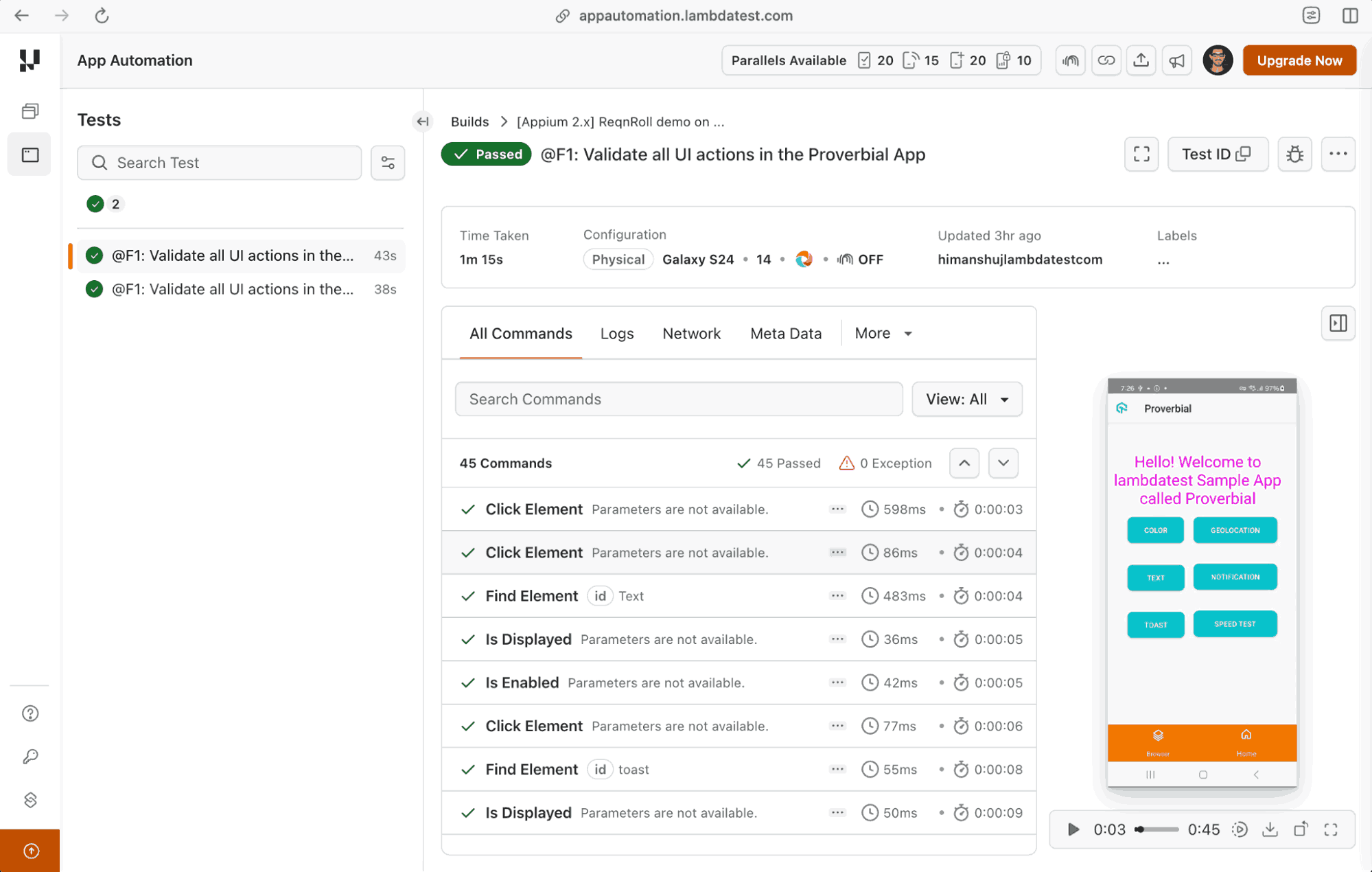 Reqnroll Appium LambdaTest dashboard