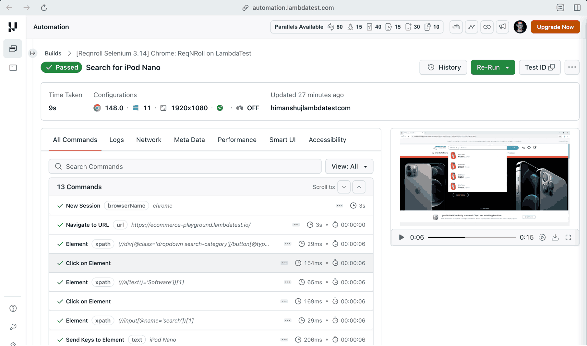Reqnroll Selenium 3 LambdaTest dashboard
