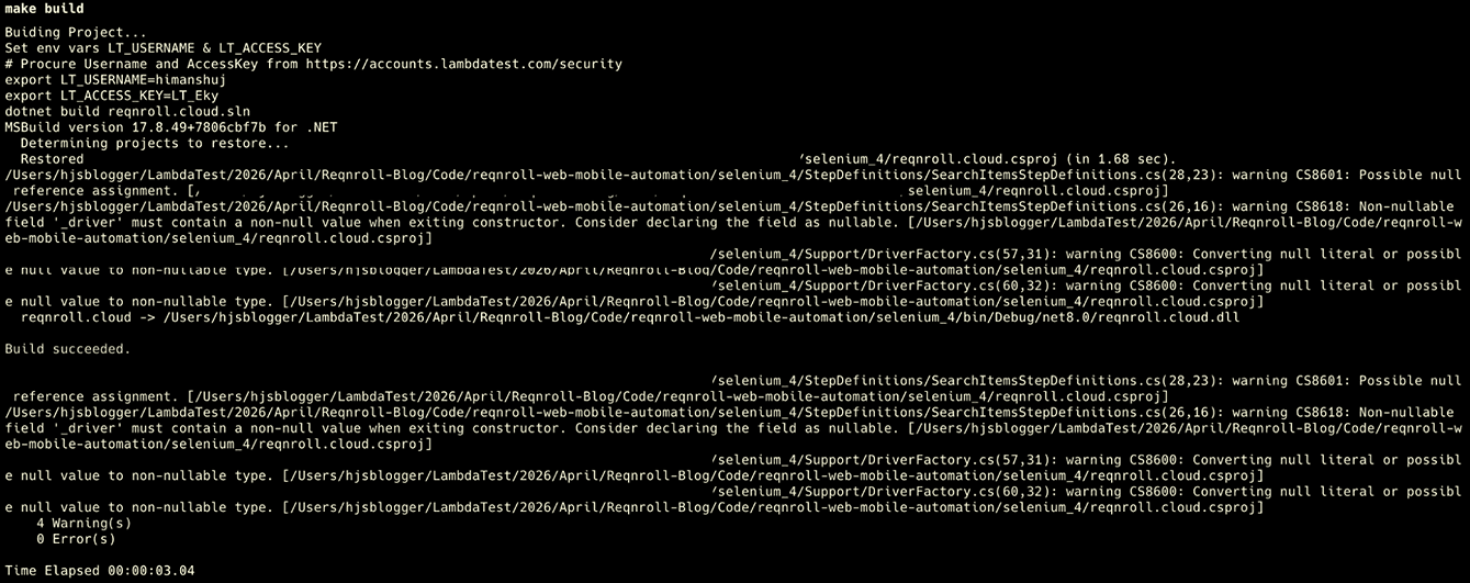 Reqnroll Selenium 4 build output