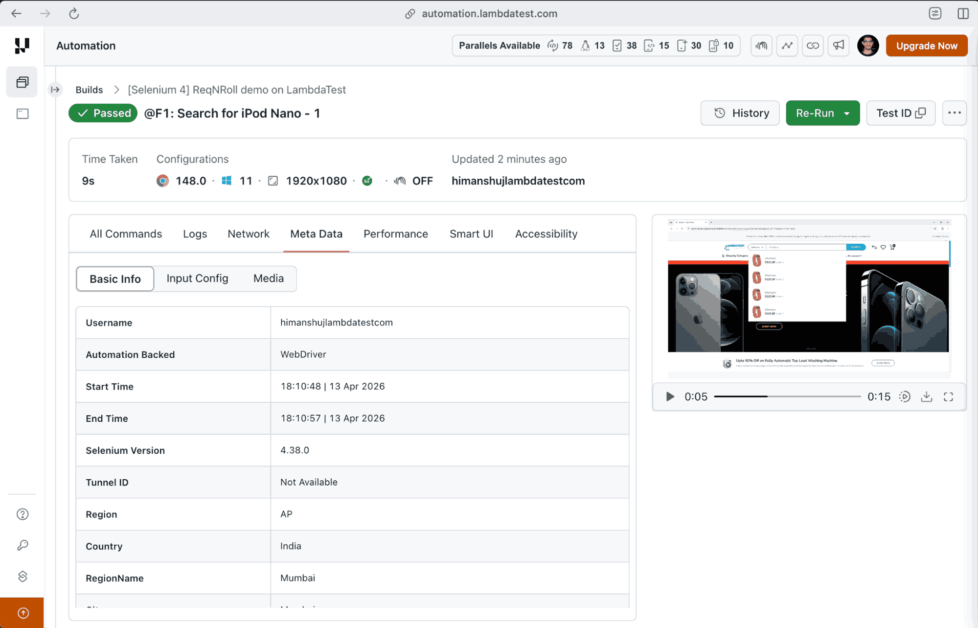 Reqnroll Selenium 4 LambdaTest dashboard