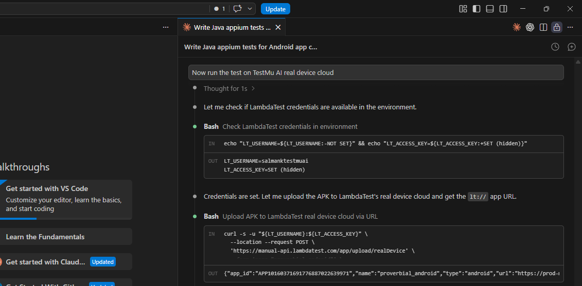 Claude Code showing prompt to run tests on TestMu AI real device cloud