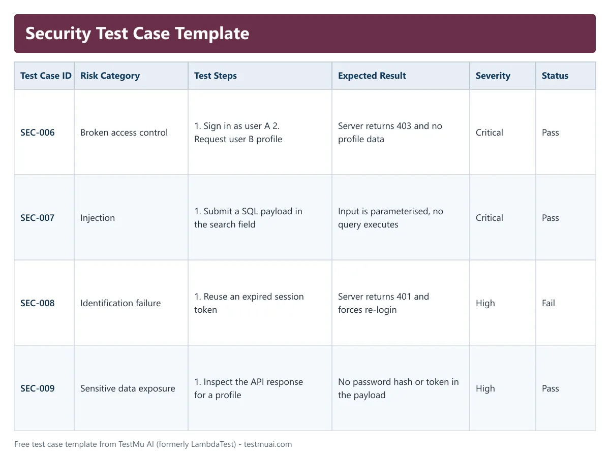 Security test case template with risk category and severity Security test case template showing risk category, test steps, expected result, severity and status columns