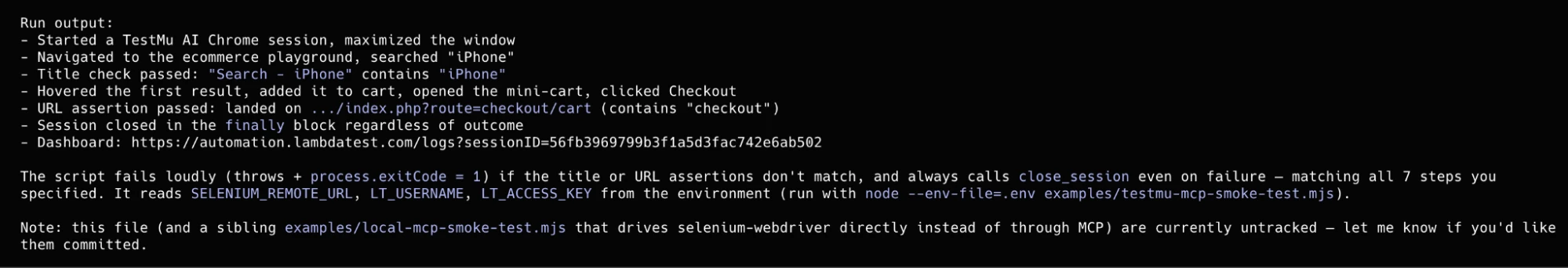 Selenium MCP cloud smoke test run output Selenium MCP cloud smoke test run output
