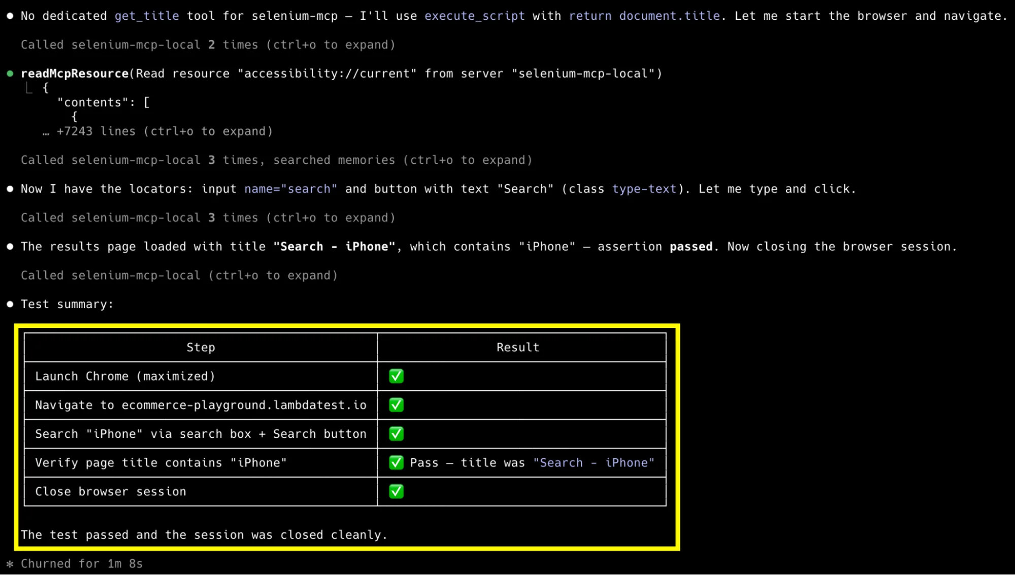 Selenium MCP local test execution summary Selenium MCP local test execution summary