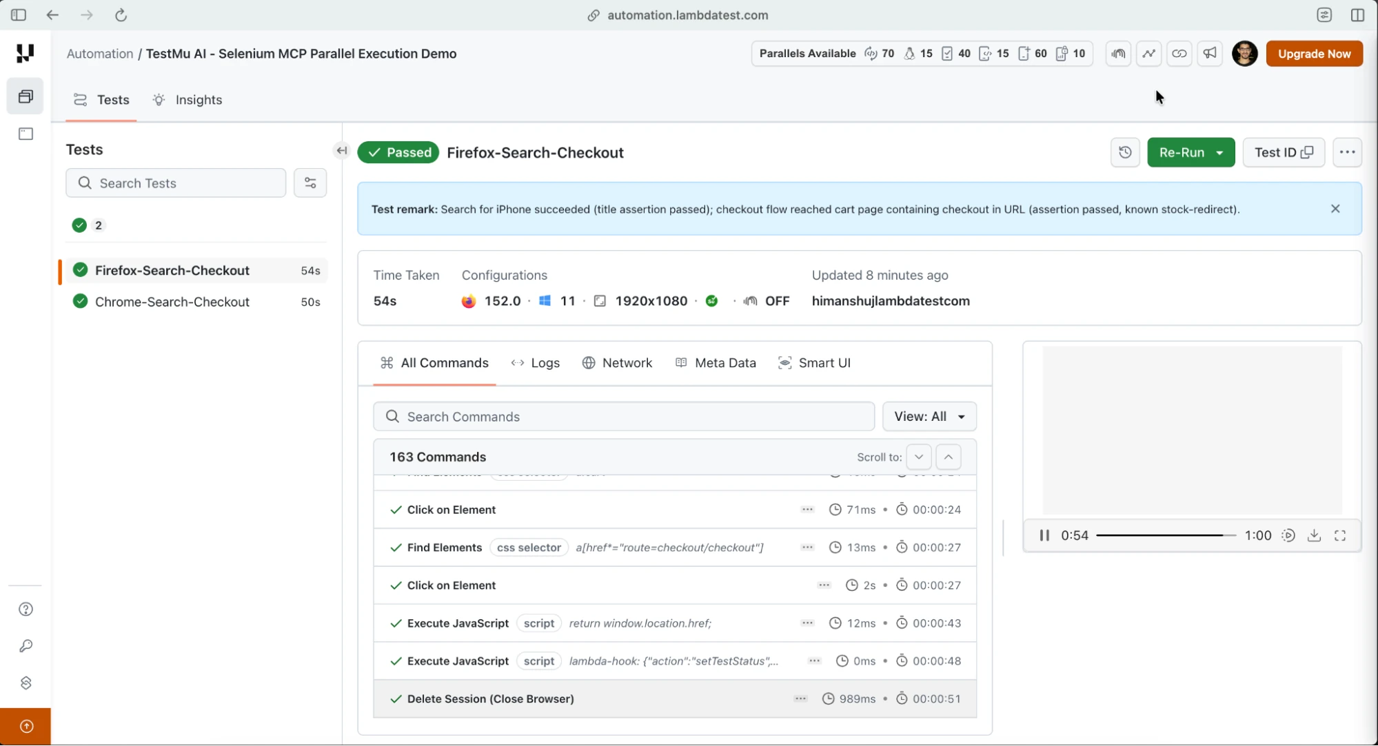 Selenium MCP parallel execution passed on TestMu AI Selenium MCP parallel execution passed on TestMu AI