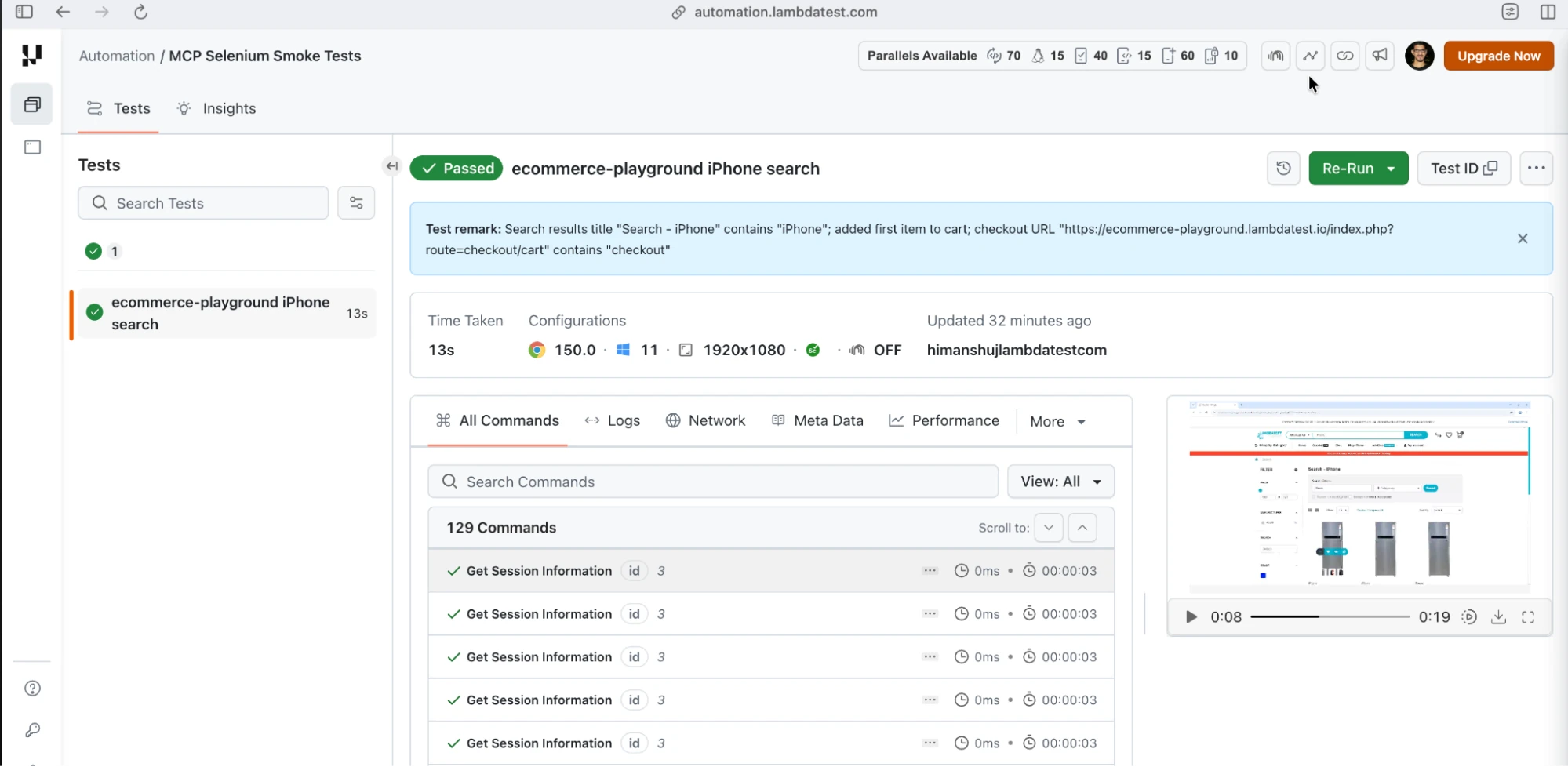 Selenium MCP test execution on TestMu AI dashboard Selenium MCP test execution on TestMu AI dashboard