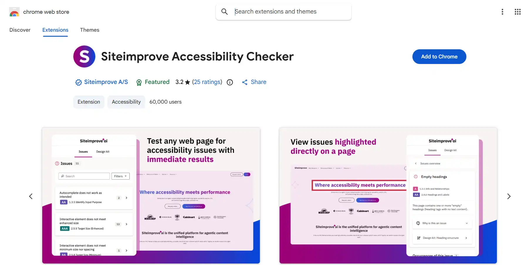 Siteimprove Accessibility Checker showing categorized issues with ACT rules and best practice tips