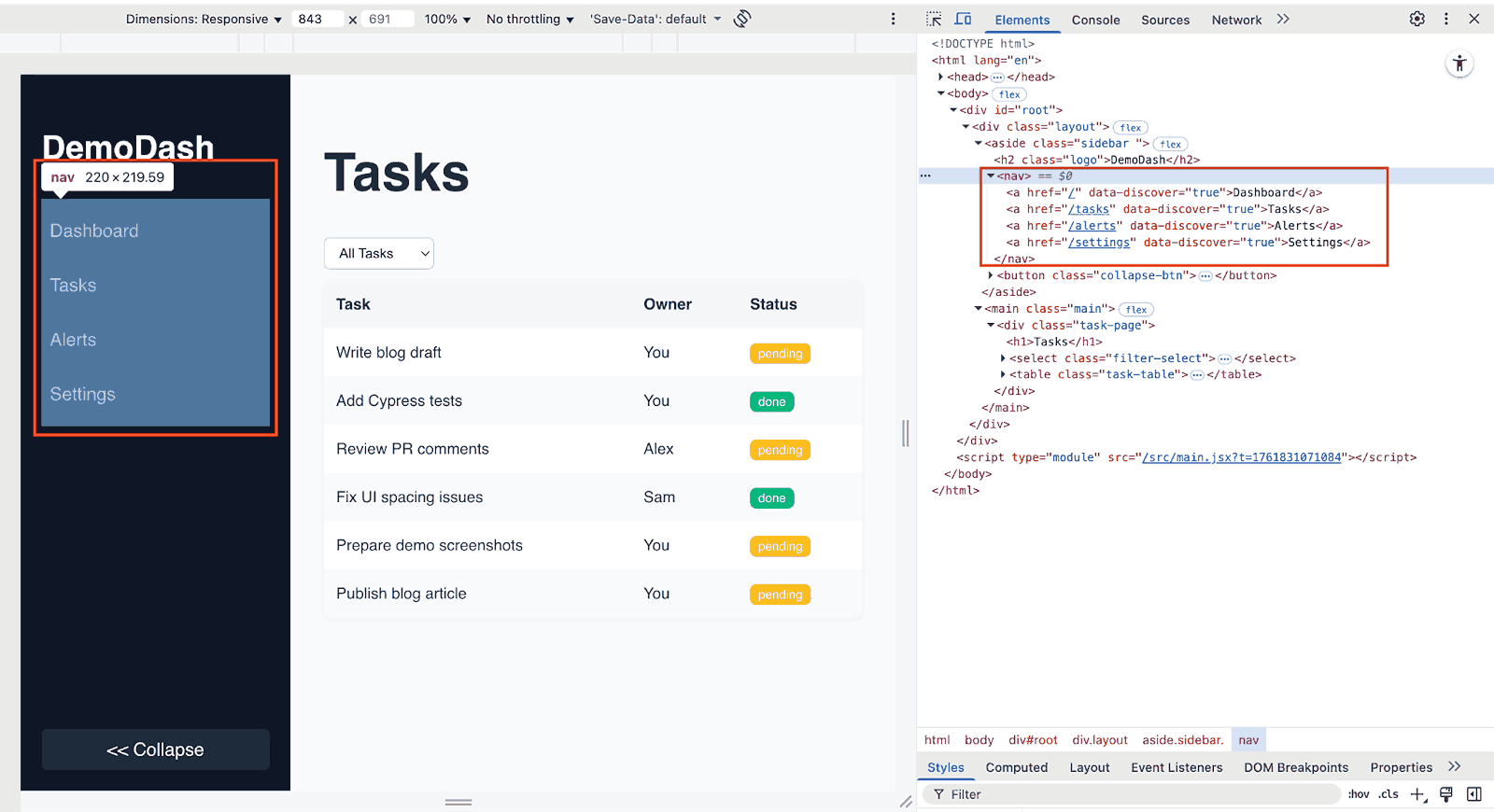 Task nav Demo Dashboard Task nav Demo Dashboard