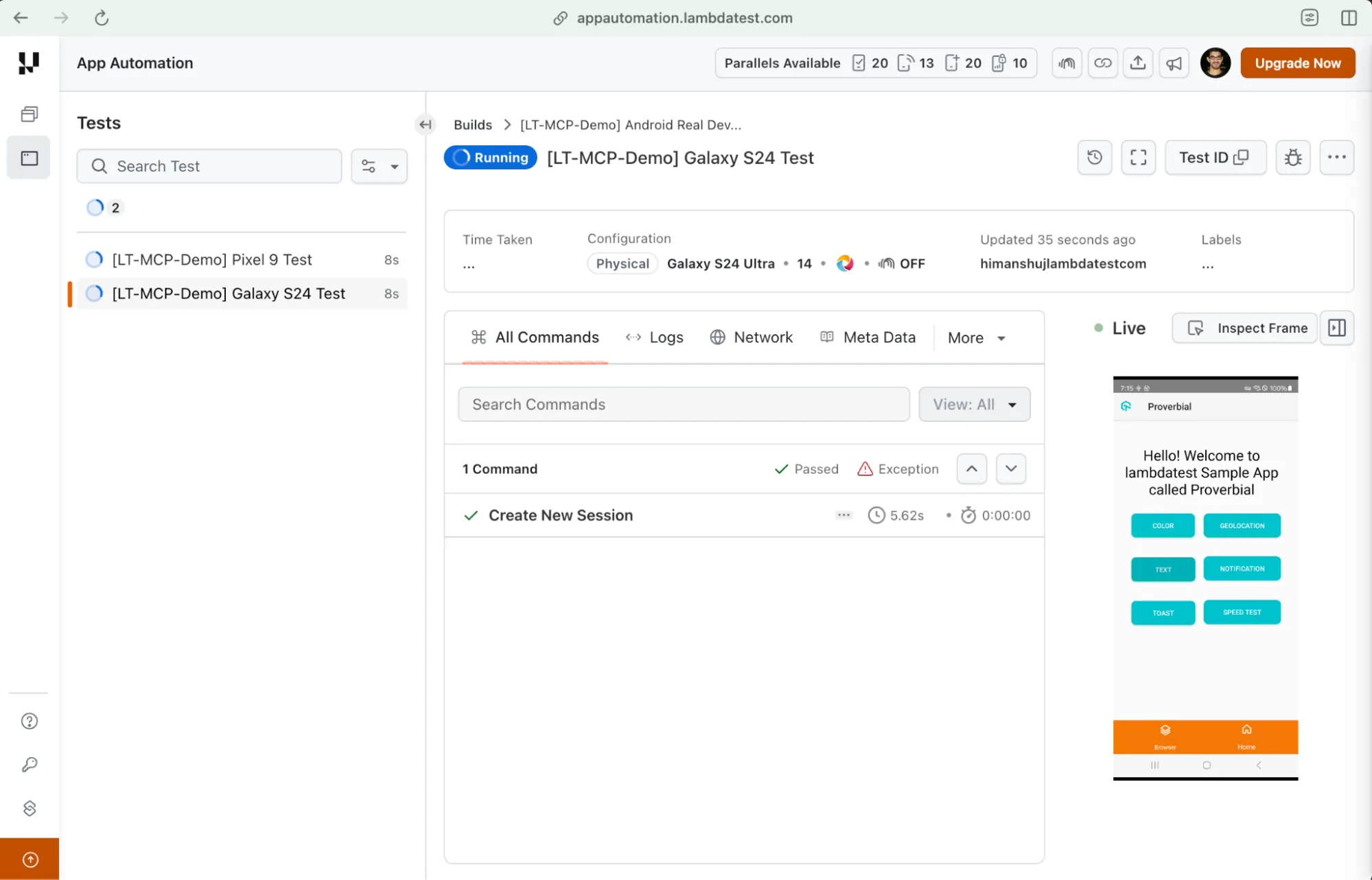 Test execution on TestMu AI dashboard