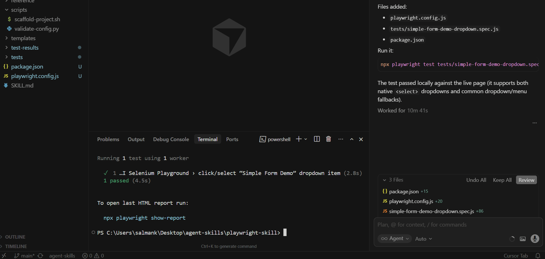 Playwright test passed in the Cursor AI terminal