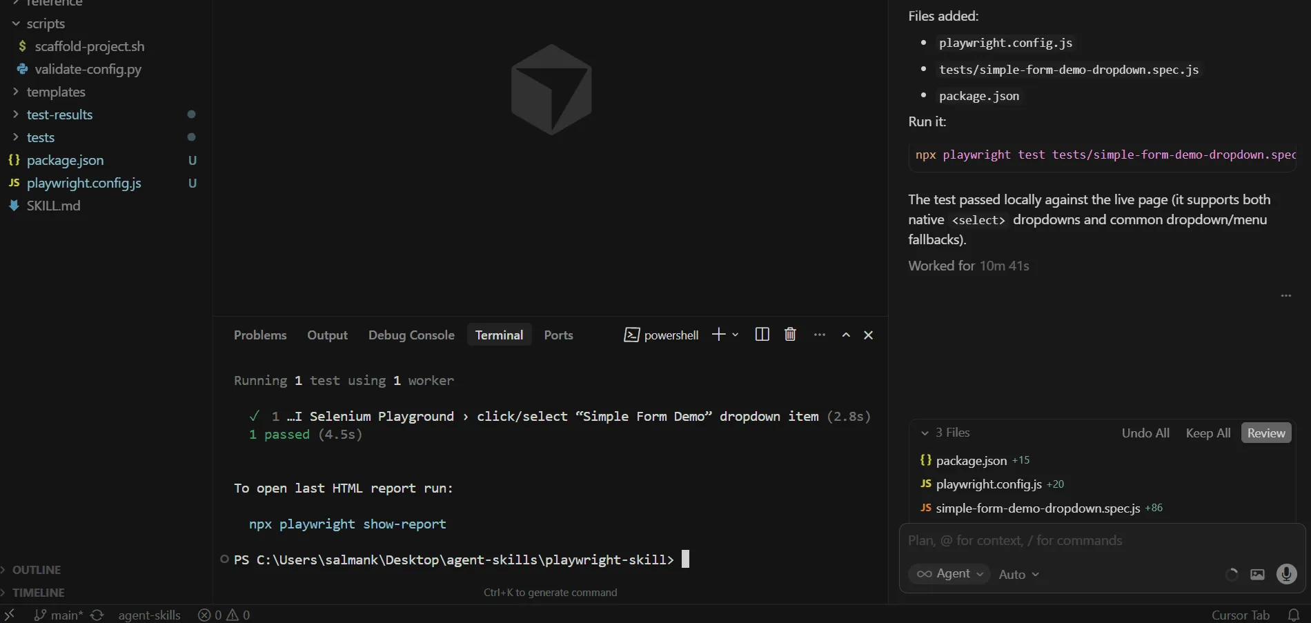 Playwright test passed in the Cursor AI terminal